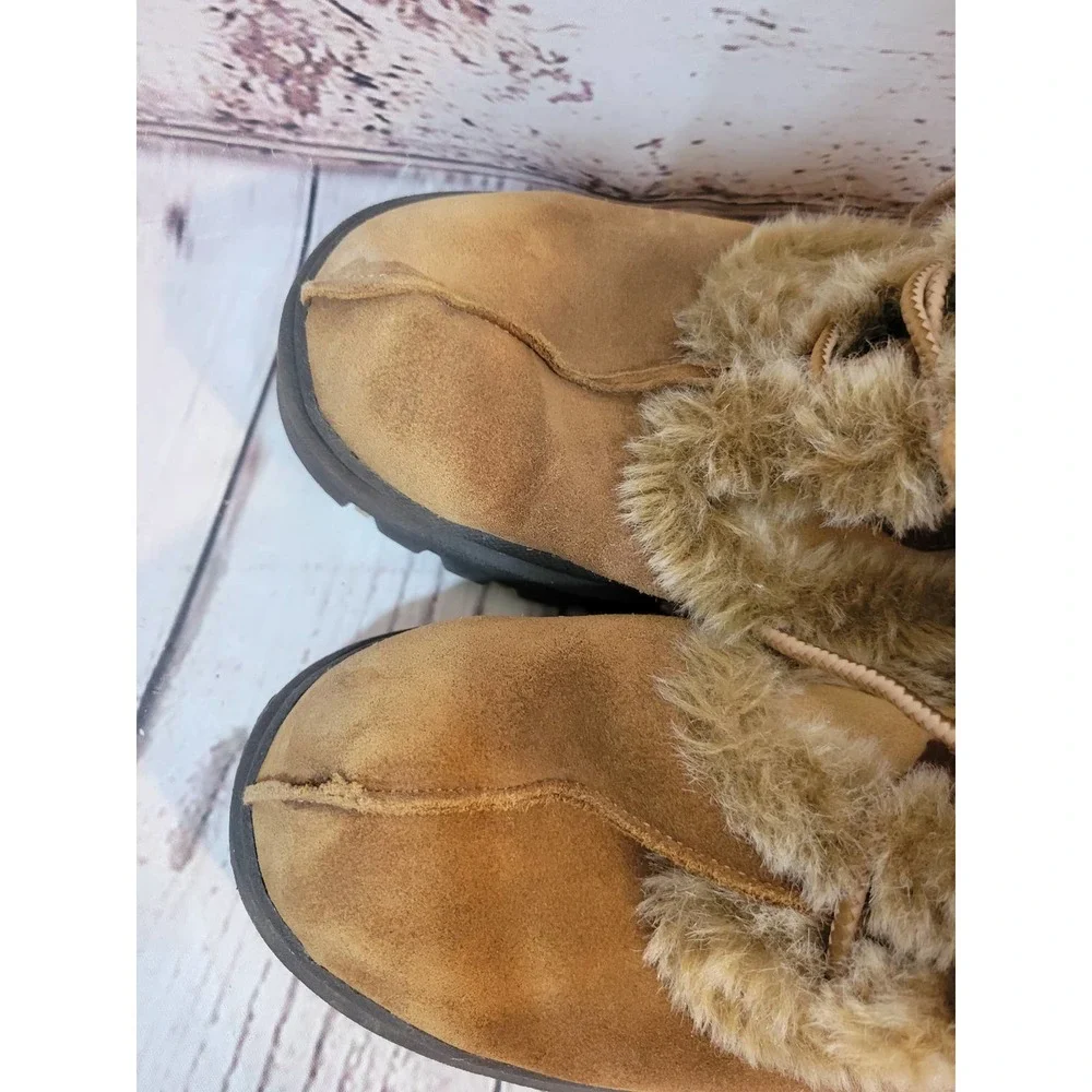 Skechers Booties Chestnut Leather Faux Fur Lace Up Winter Boots Women's 8.5